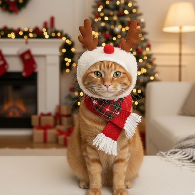 chat porte Déguisement pour chat renne et écharpe rouge franges