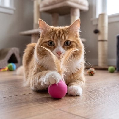 chat pose patte sur Balle chat rouge avec plumes marron 