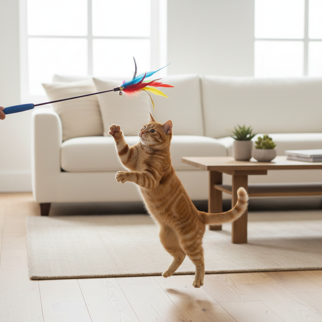 Chat roux bondissant dans salon