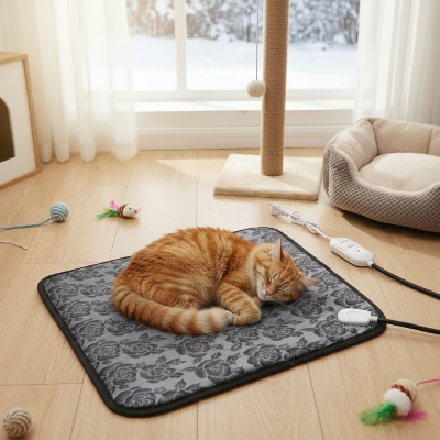 Chat roux endormi sur tapis pour chat chauffant en chambre