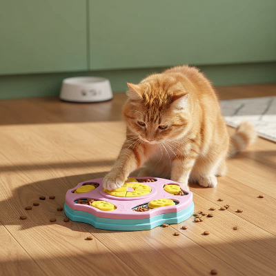 Chat roux éparpille nourriture de jouet chat croquette dans cuisine 