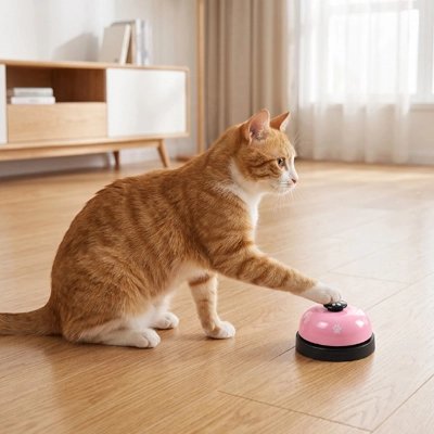 chat roux fait sonner Jouet pour Chat rose dans salon
