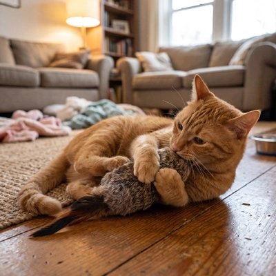 chat roux mord et griffe Jouet Chat dans le salon