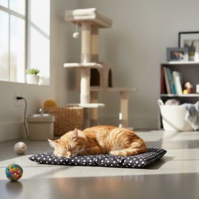 chat roux qui dort Tapis pour chat noir dans salon