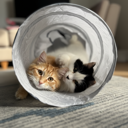 Chat roux sortant sa tête avec chat tricolore à l'intérieur