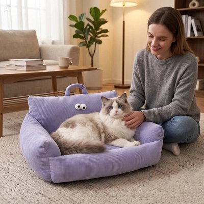 chat sur Canapé pour chat caressé femme assise sur tapis 
