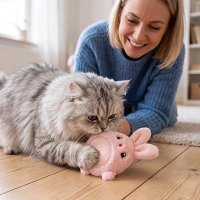 chat tient Jouet pour Chat Lapin entre ses pattes 