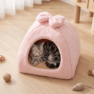 chat tigré dans Maison pour chat ferme les yeux 