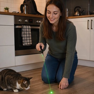 chat veut sauter sur Laser pour chat tenue par femme