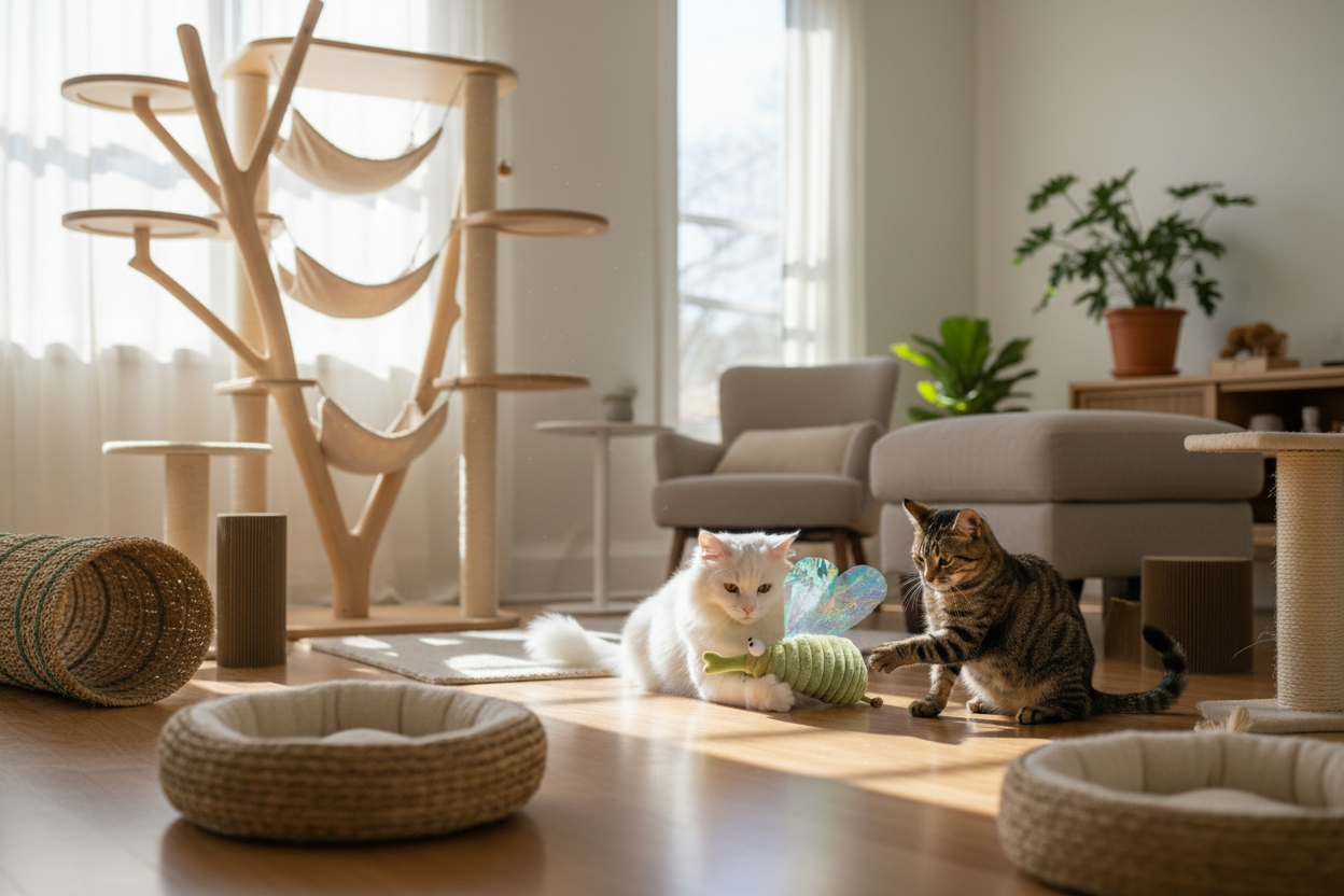 Chats interagissant avec libellule verte dans salle de jeux