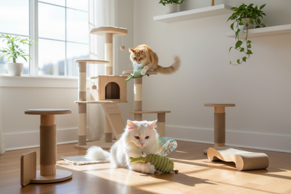 Chats jouant avec libellule verte dans salle de jeux moderne