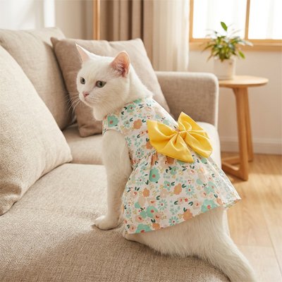chatte avec Déguisement pour Chat robe jaune assise sur canapé