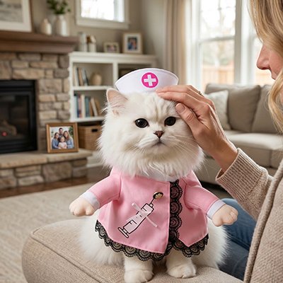 chatte Déguisement pour Chat infirmière sur accoudoir canapé avec femme