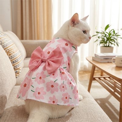 chatte habillée avec Déguisement pour Chat robe rose sur canapé