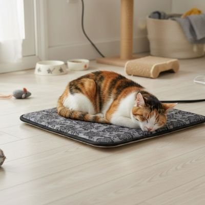 chatte isabelle couchée sur Tapis pour chat chauffant