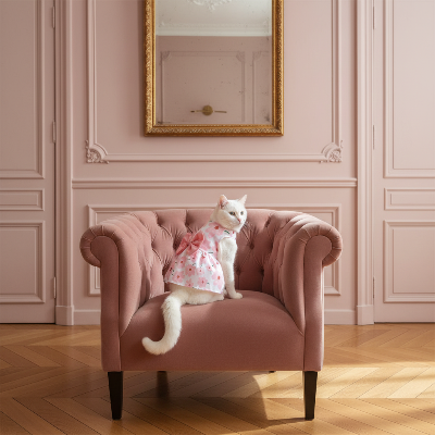 chatte sur fauteuil porte déguisement pour chat robe rose
