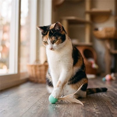 chatte une patte sur Balle chat bleu devant fenêtre