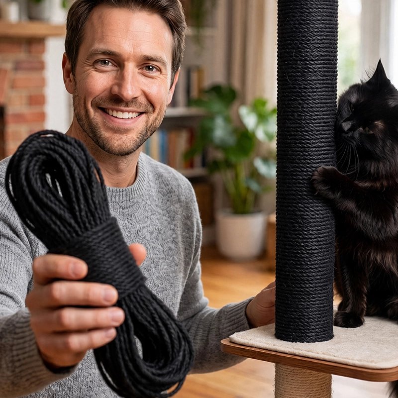 Corde arbre a chat noir installée par homme sur arbre 