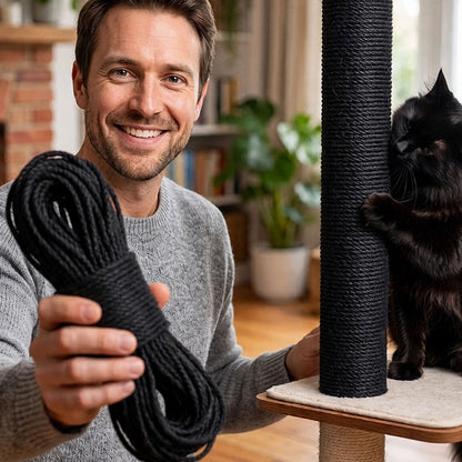 Corde arbre a chat noir installée par homme sur arbre 