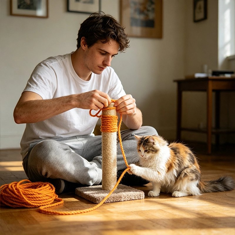 Corde arbre a chat orange installée par homme devant chat
