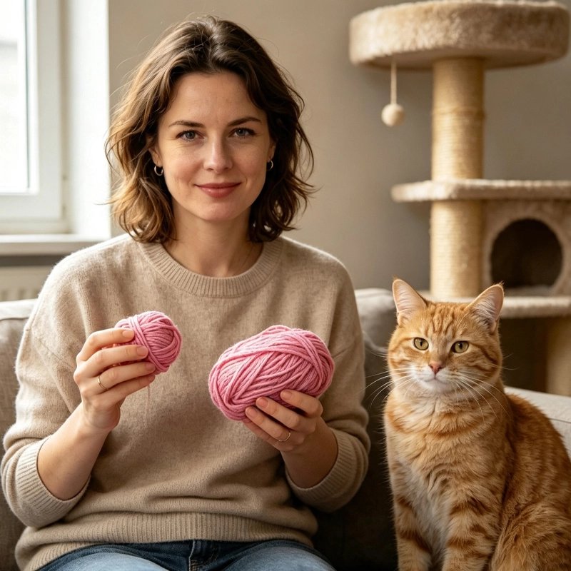 Corde arbre a chat rose en pelote dans mains femme 