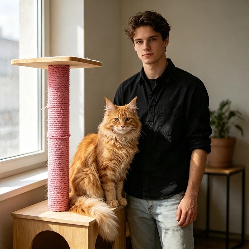 Corde arbre a chat rose griffoir homme chat devant fenêtre