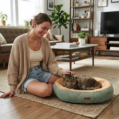 Coussin à Chat ovale vert femme caresse chat angora