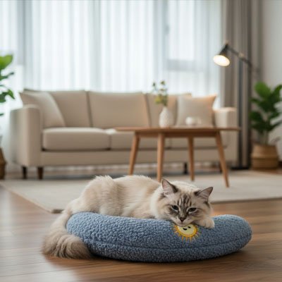 Coussin chat en croissant bleu