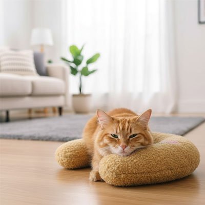 Coussin chat en forme de croissant marron clair