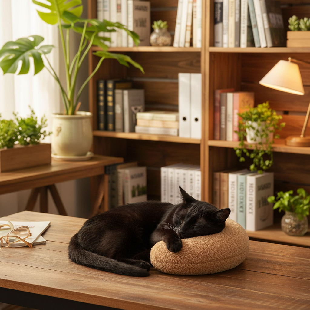 Coussin chat marron chat noir bureau
