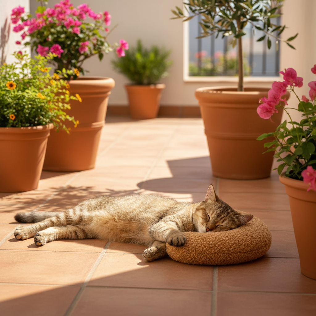 Coussin chat marron chat roux terrasse