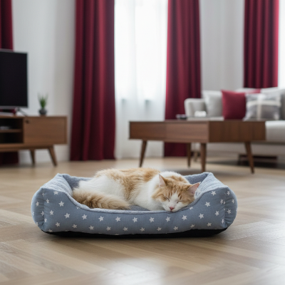 Coussin chat rideaux rouges