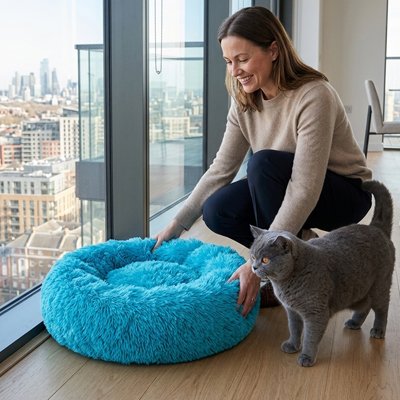 Coussin Chat rond de couleur bleu