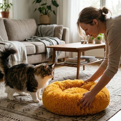 Coussin Chat  rond de couleur orange