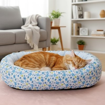 Coussin pour chat bleu avec chat roux dort dans salon