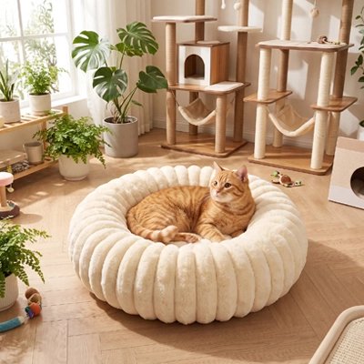 Coussin pour Chat et chat roux installés dans salle jeux