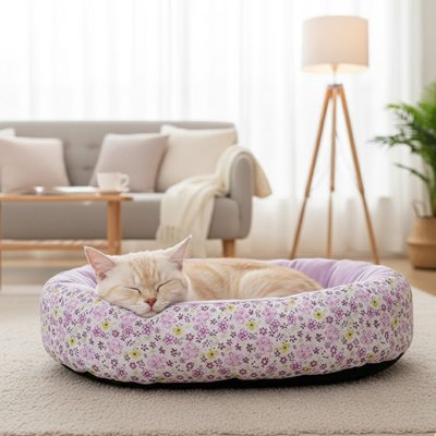 Coussin pour chat mauve et chaton qui dort 
