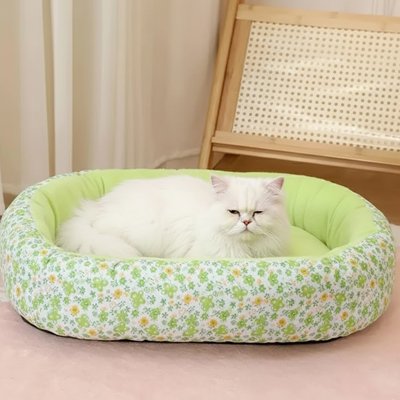 Coussin pour chat vert et chat blanc couché