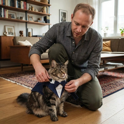 Déguisement pour Chat bleu homme installe sur chat pour photo