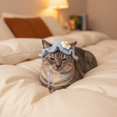  déguisement pour chat chapeau bleu Chat gris sur un lit