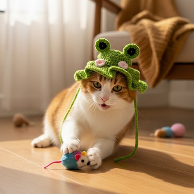 déguisement pour chat chapeau grenouille Chat roux qui joue