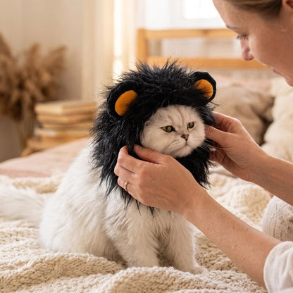 Déguisement pour Chat crinière mise par femme sur chat blanc