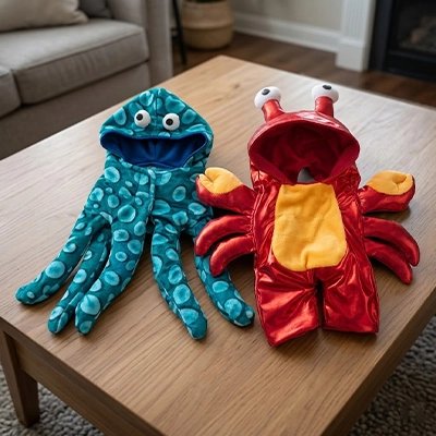 Déguisement pour Chat posé sur table pieuvre et crabe 