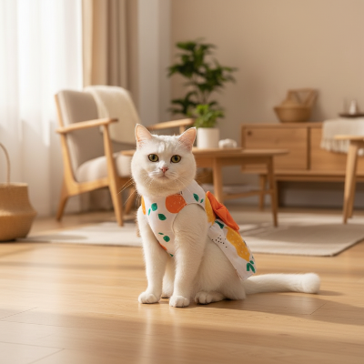 déguisement pour chat robe orange sur chatte assise dans salon