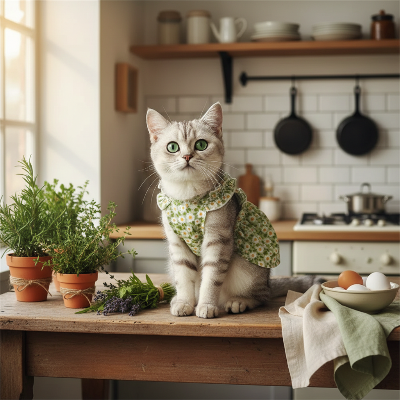 Déguisement pour chat robe verte chatte dans cuisine campagne
