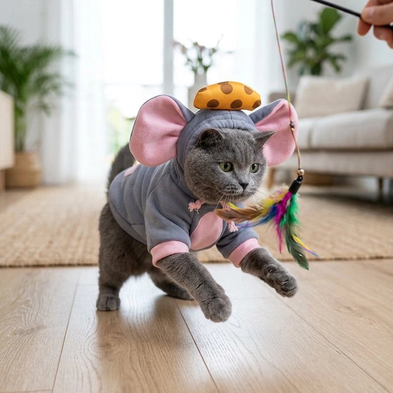 Déguisement pour Chat souris grise chat joue avec plumeau