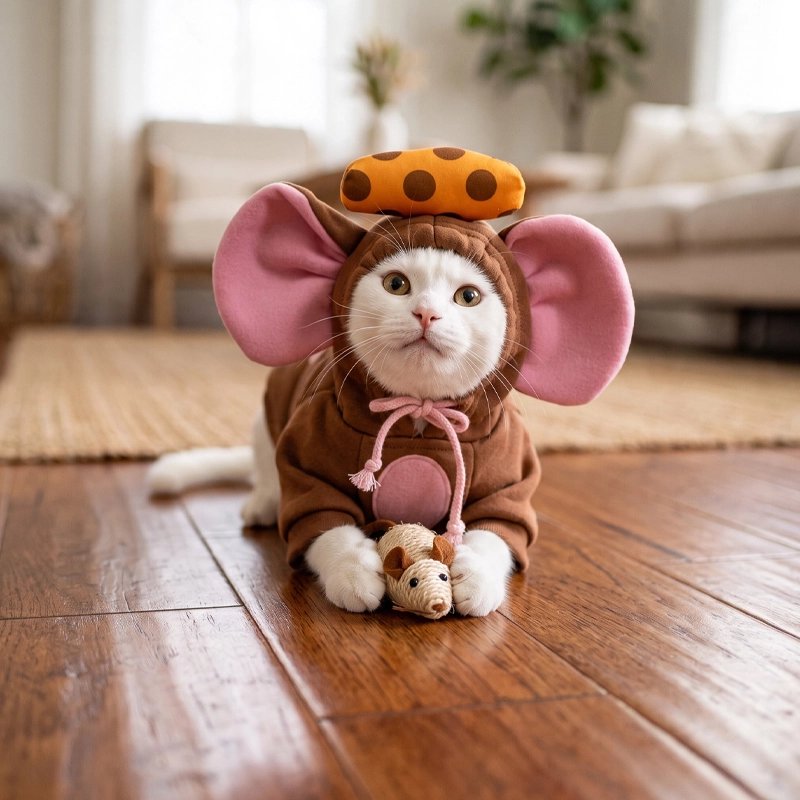 Déguisement pour Chat souris marron chat couché dans salon