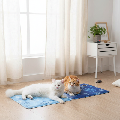 Deux chats sur les deux tapis rafraîchissants chat bleus