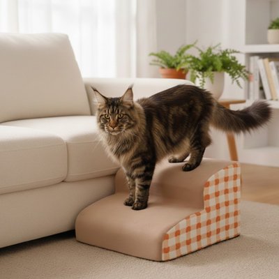 Escalier pour chat 2 marches avec Maine Coon dessus