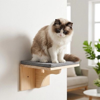 Escalier pour chat en bois blanc et coussin anthracite